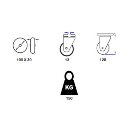 Swivel castor with brake, diameter of 100 m elastic rubber tire, load capacity up to 150 kg