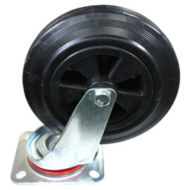Swivel castor, diameter 200 mm, black rubber tire, load capacity up to 200 kg, polypropylene core