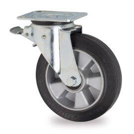 Swivel castor with brake, diameter 200 mm, elastic rubber tire, load capacity up to 400 kg