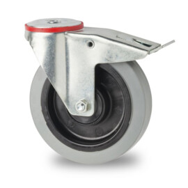 Swivel castor with brake, 200 mm diameter, elastic rubber tire, load capacity up to 400 kg