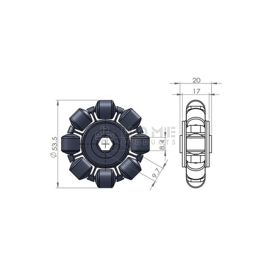 Multi-directional wheel with 8 rollers, 53.5 mm